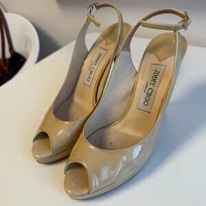 JIMMY CHOO Nude Nova Patent Leather Slingback Platforms Size 37